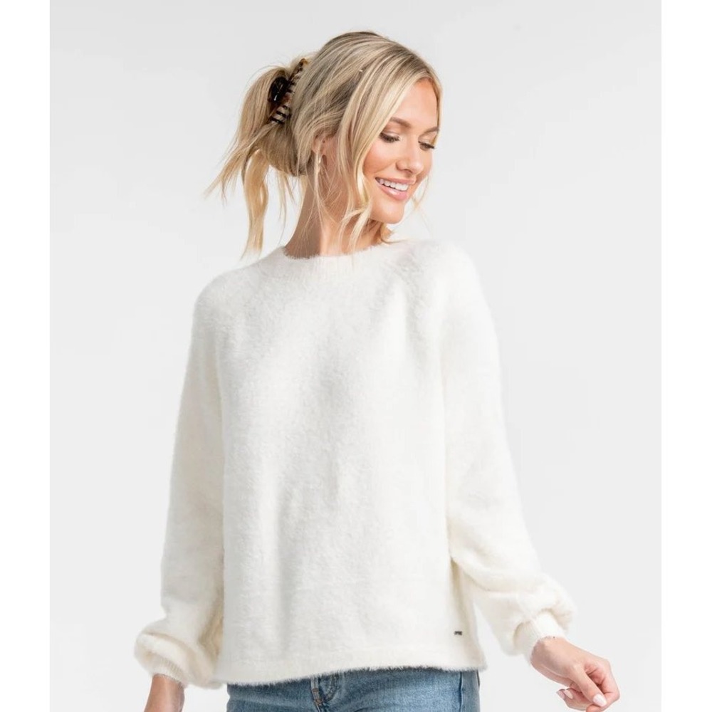 Southern Shirt Womens Cream Eyelash Knit Fuzzy Raglan Balloon Sleeve Sweater S
